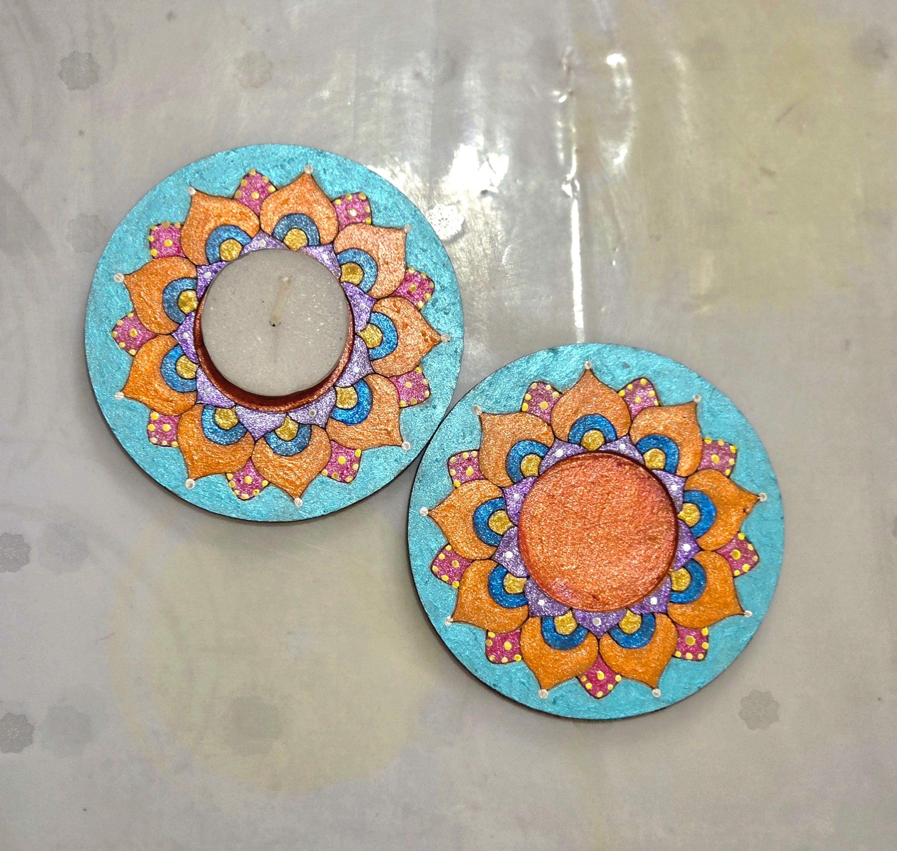 Circular mandala tealight holder set
