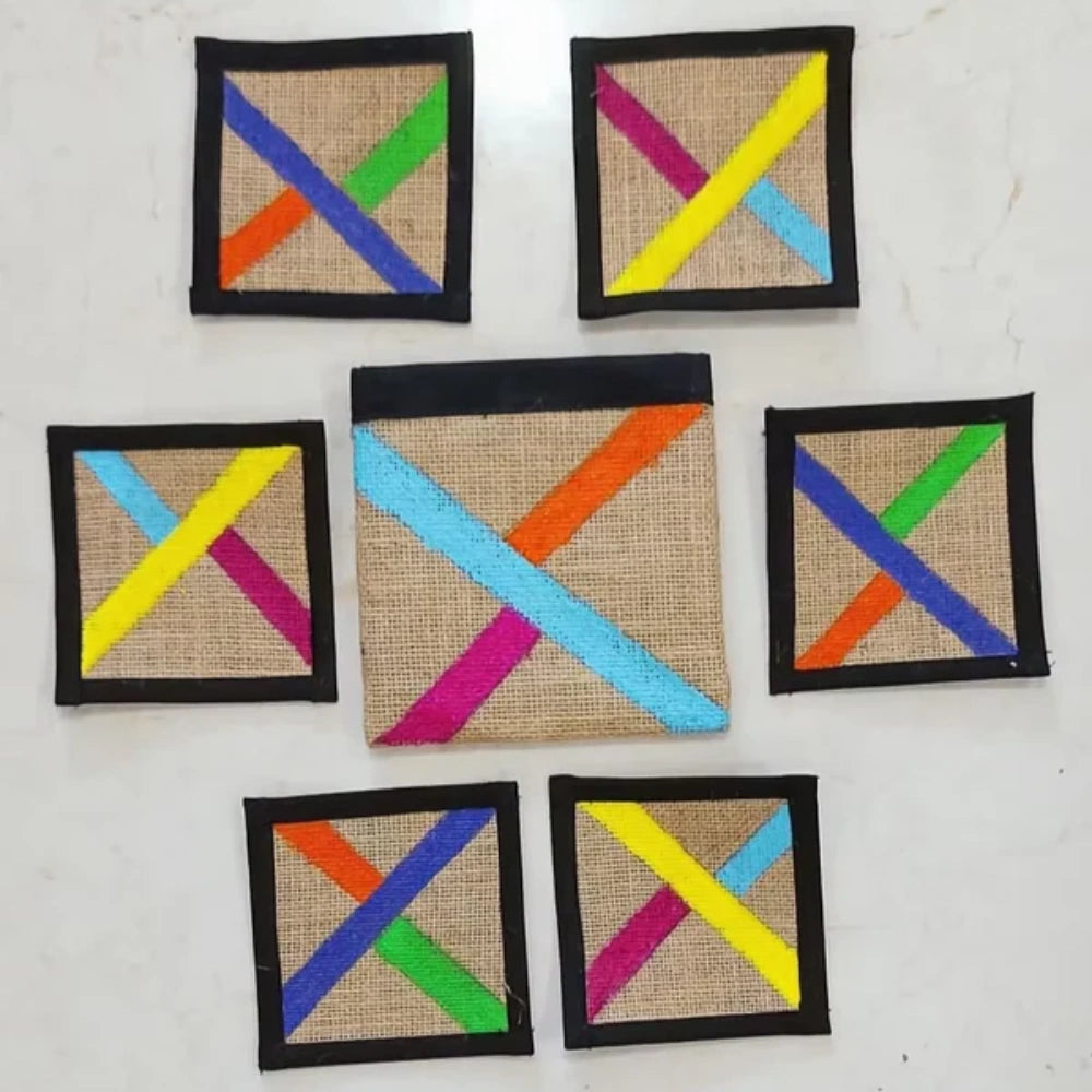 Handpainted Abstract art Jute Coaster set of 6
