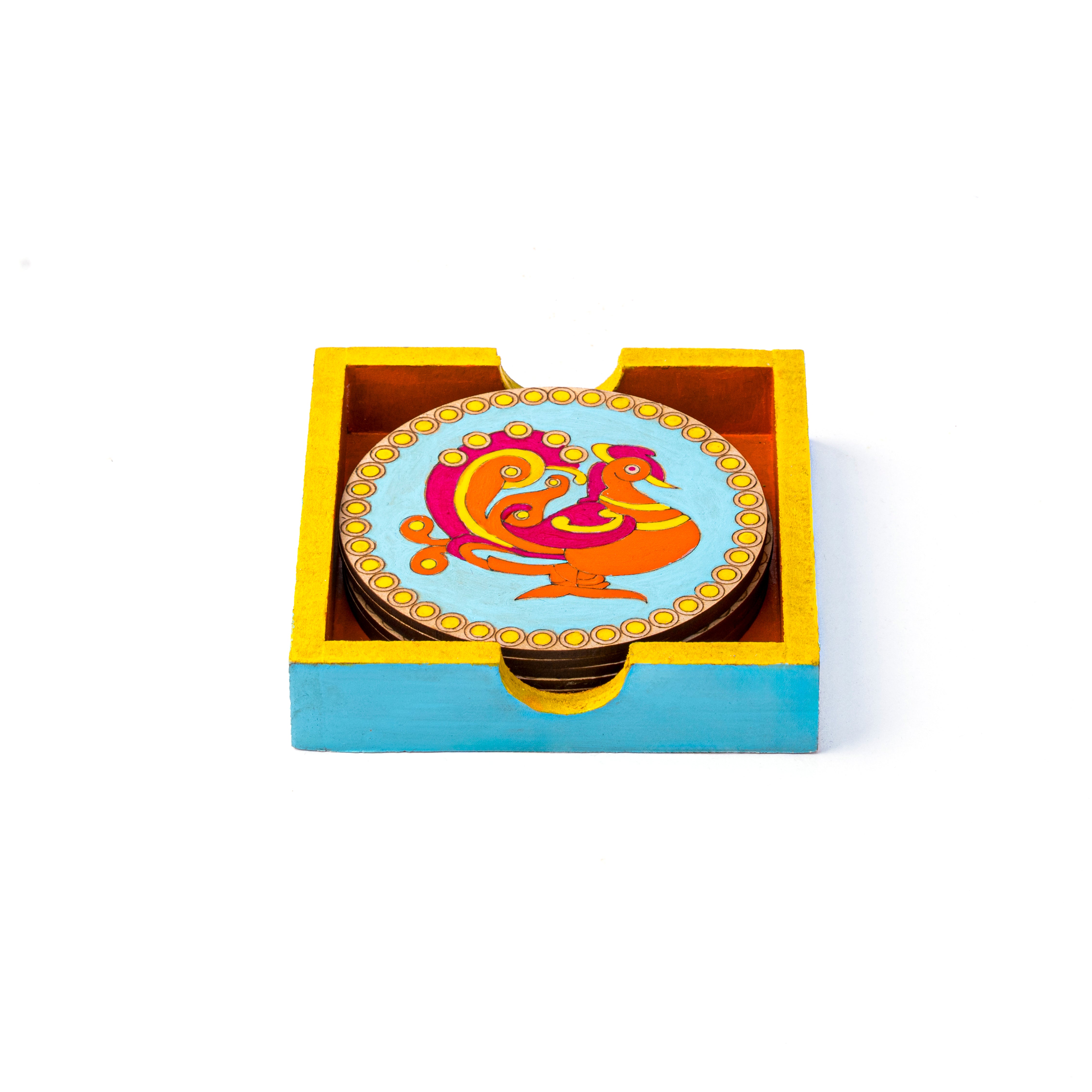 Kalamkari peacock coaster set of 6