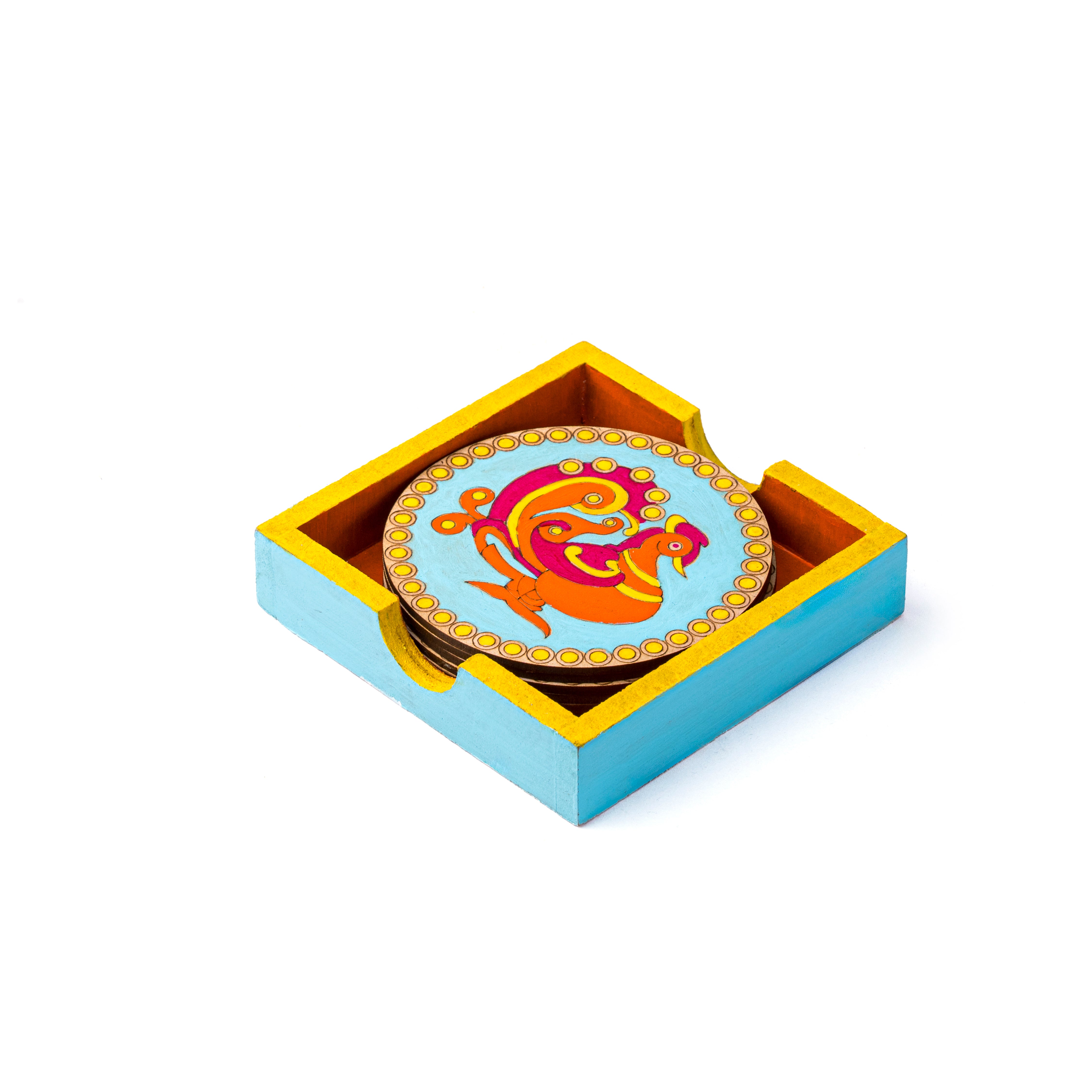 Kalamkari peacock coaster set of 6