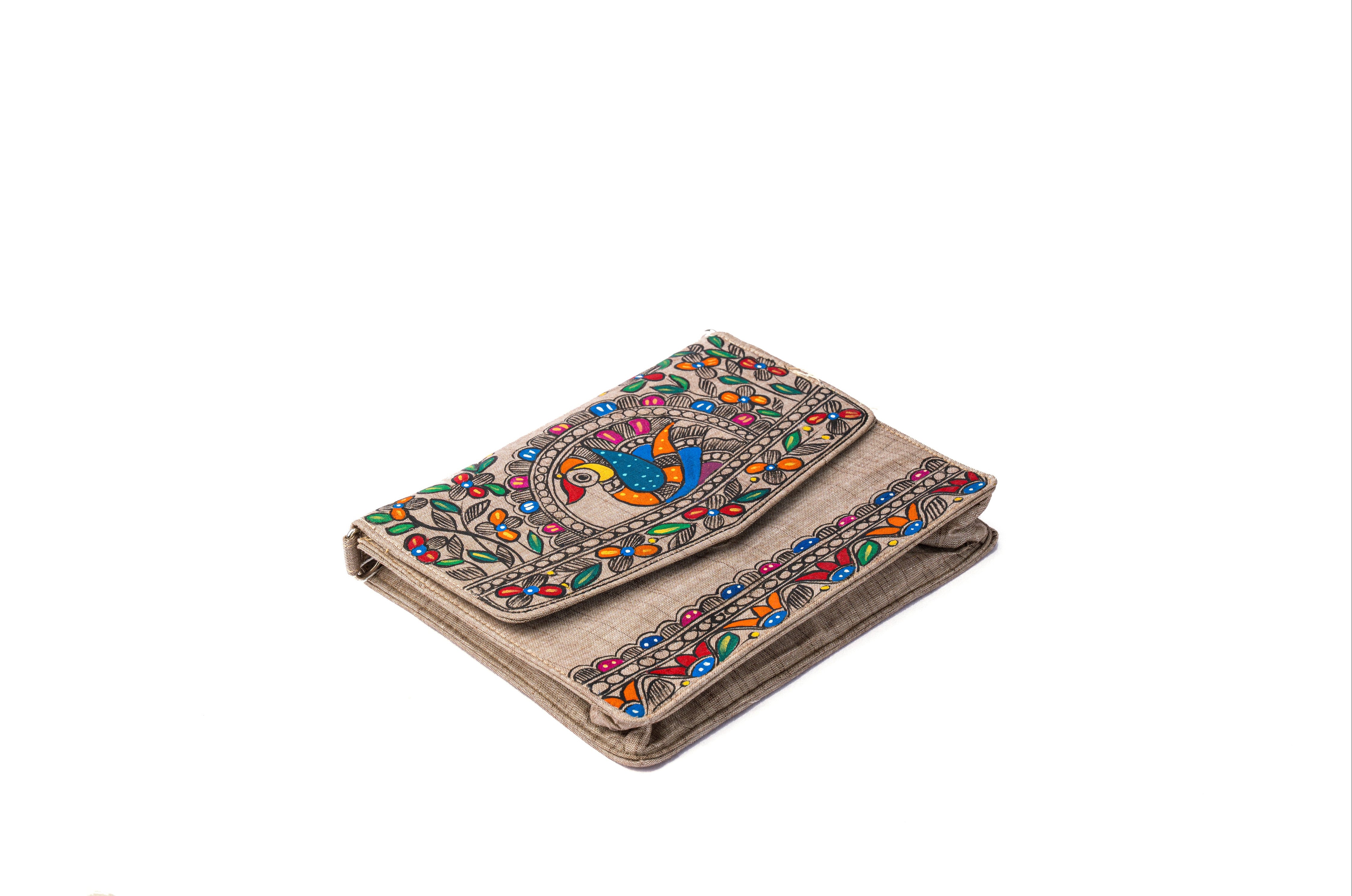 Floral Themed Madhubani V flap Sling (Khaki)