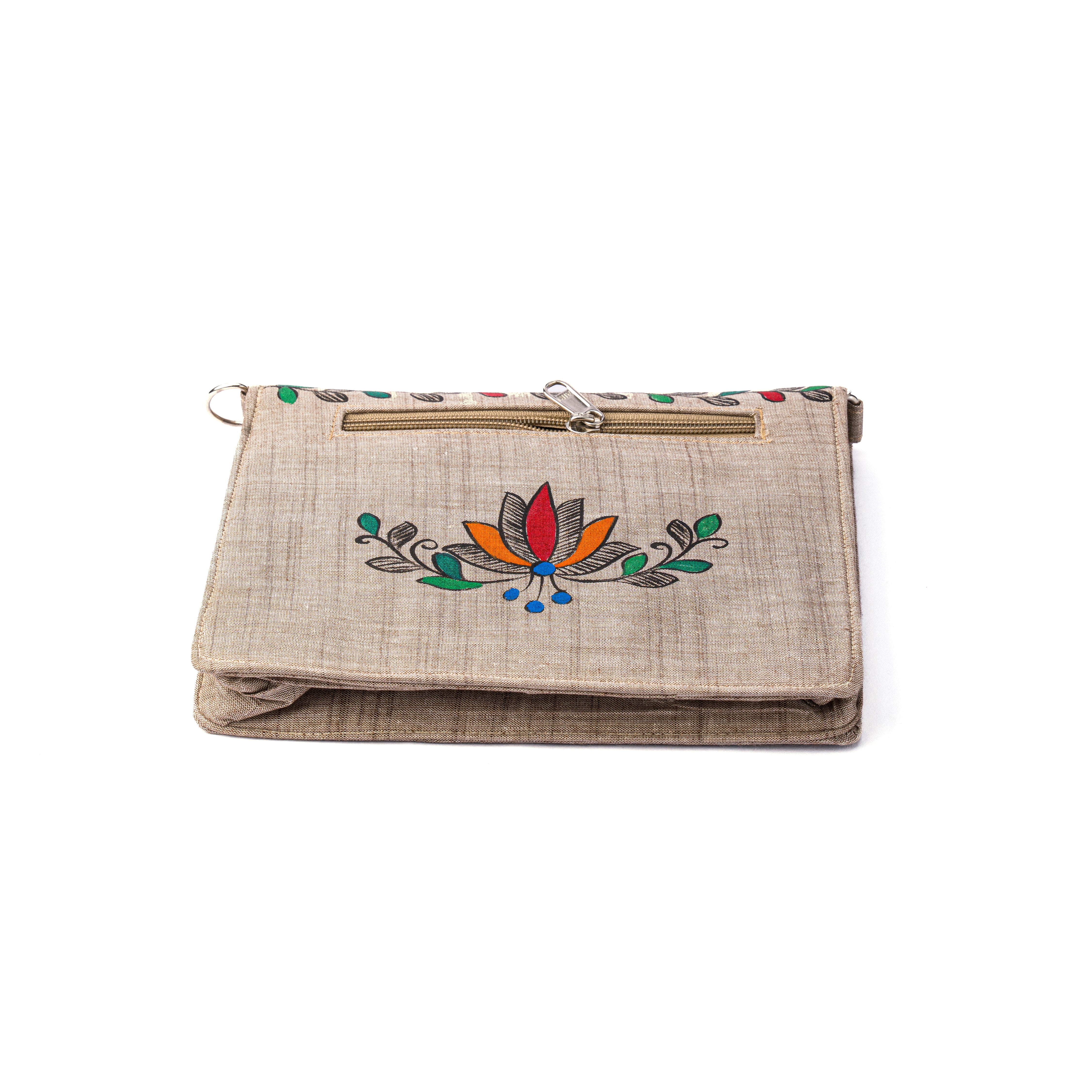 Floral Themed Madhubani V flap Sling (Khaki)