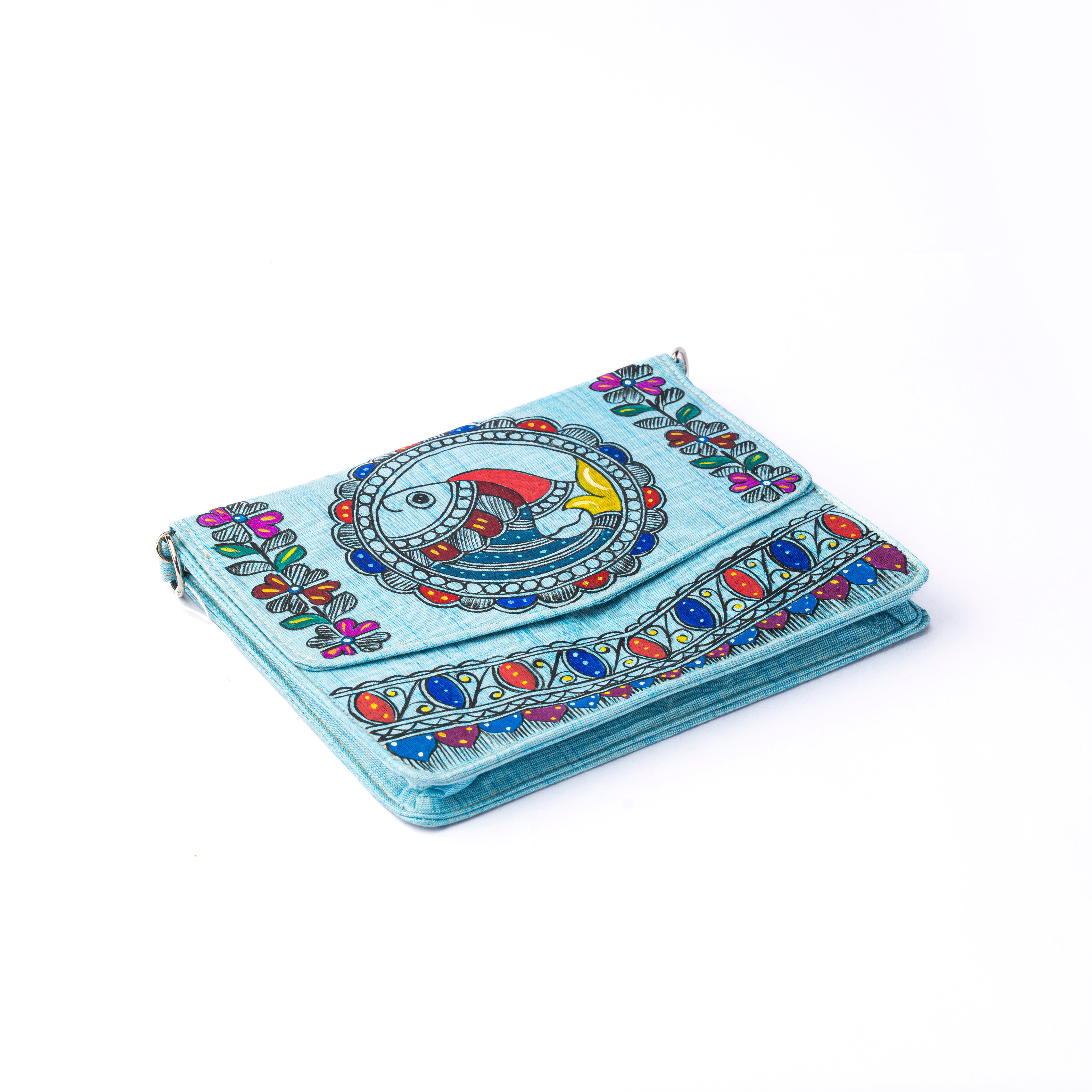 Floral Themed Madhubani V flap Sling (Blue)
