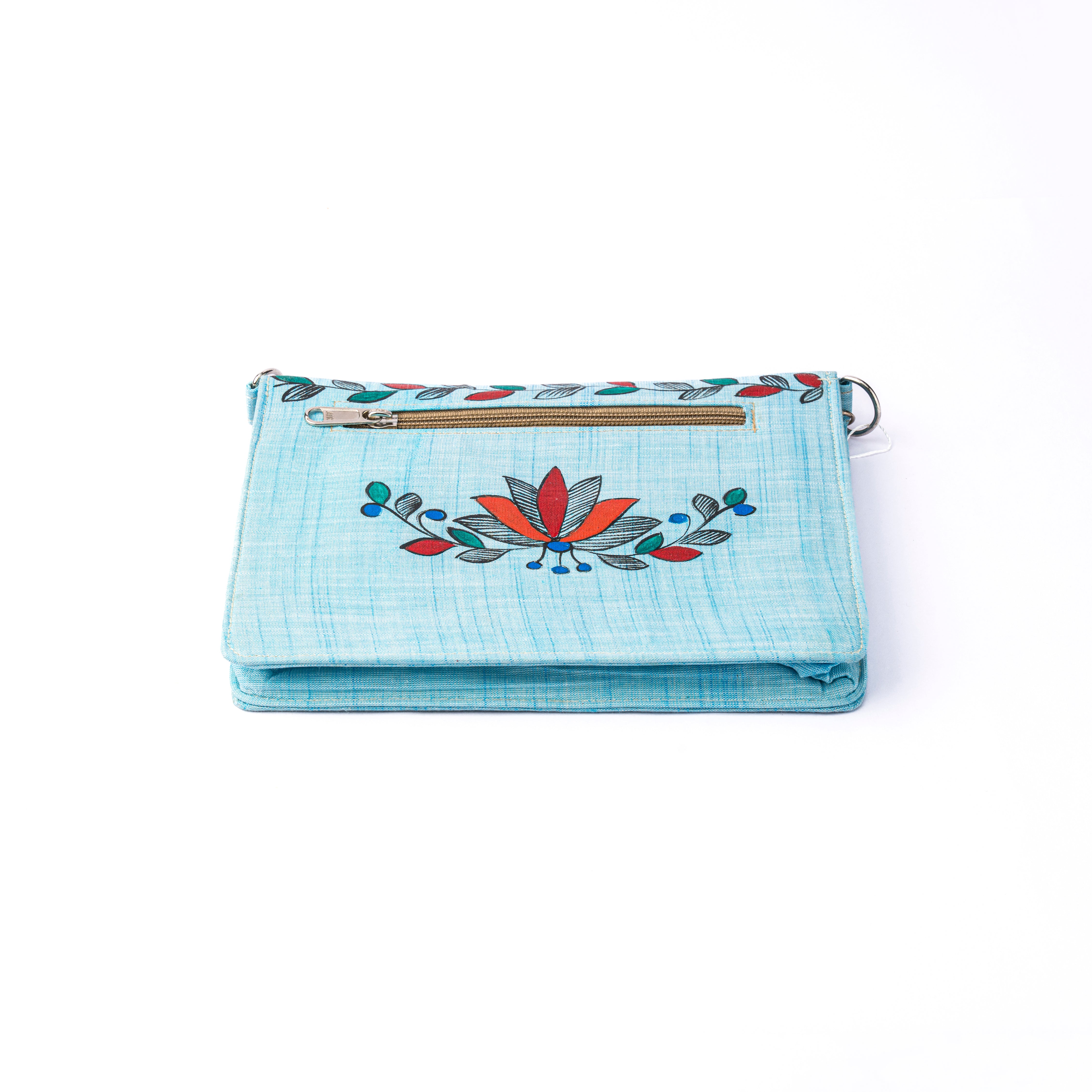 Floral Themed Madhubani V flap Sling (Blue)