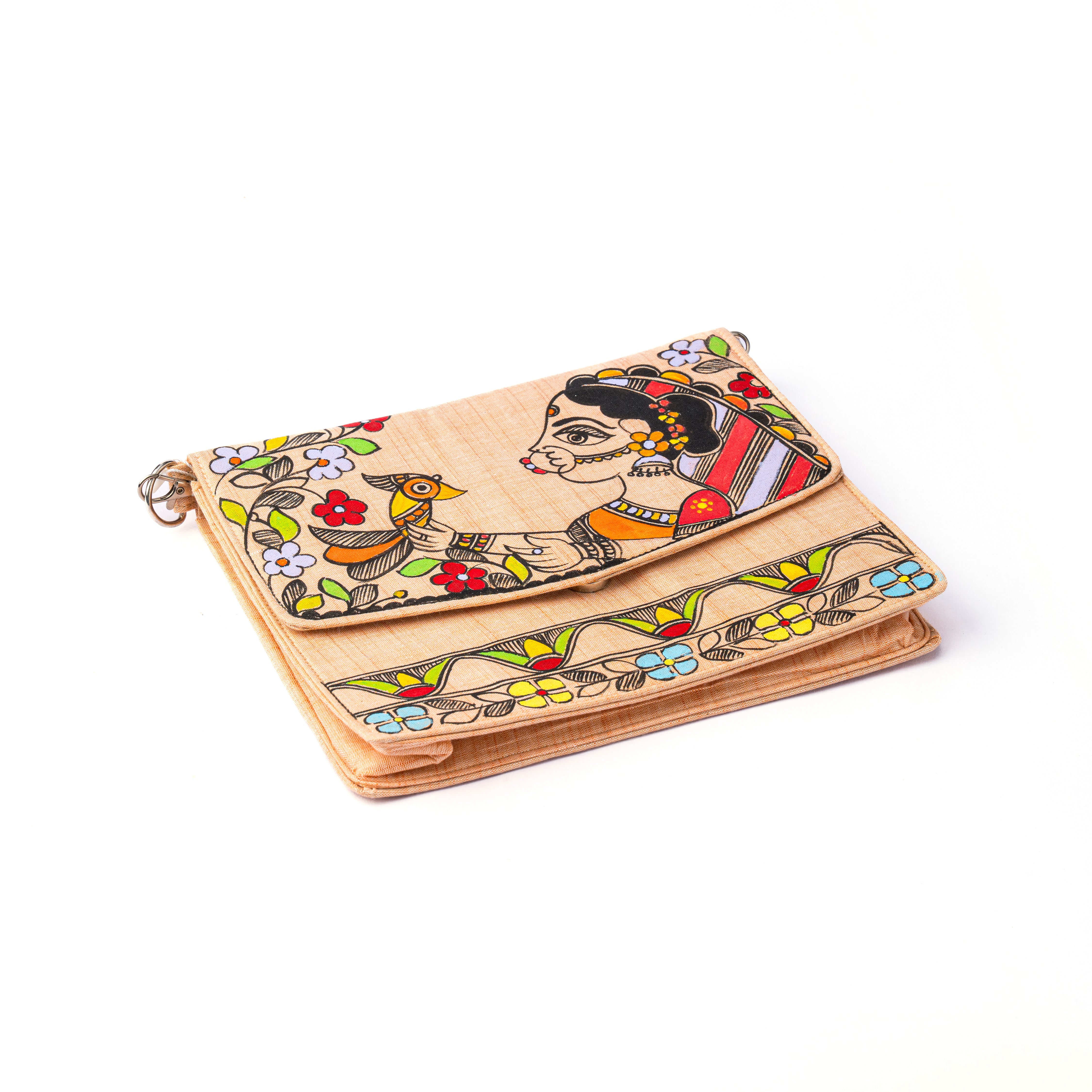 Lady face madhubani V Flap sling (Peach)