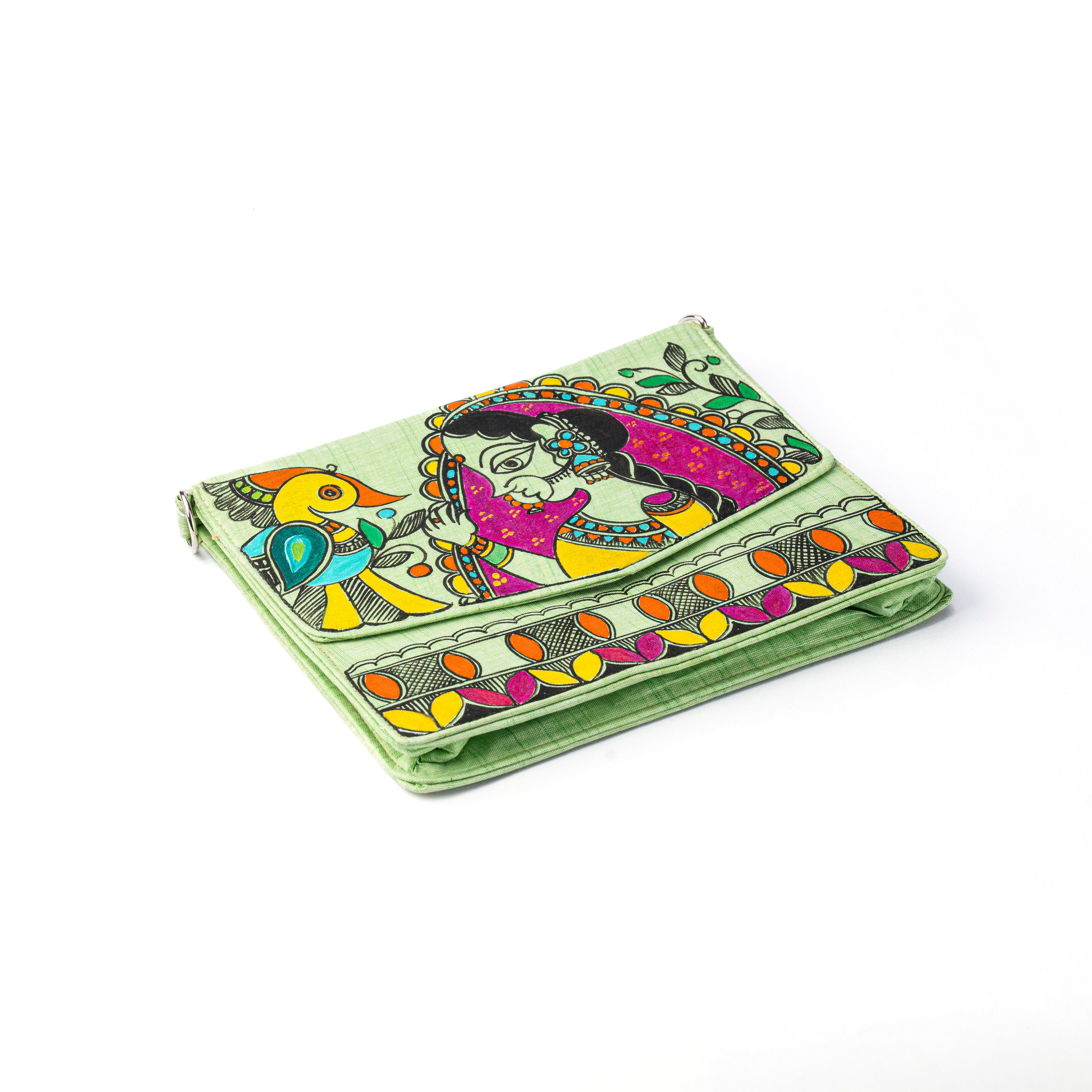 Lady face madhubani V Flap sling (Light green)
