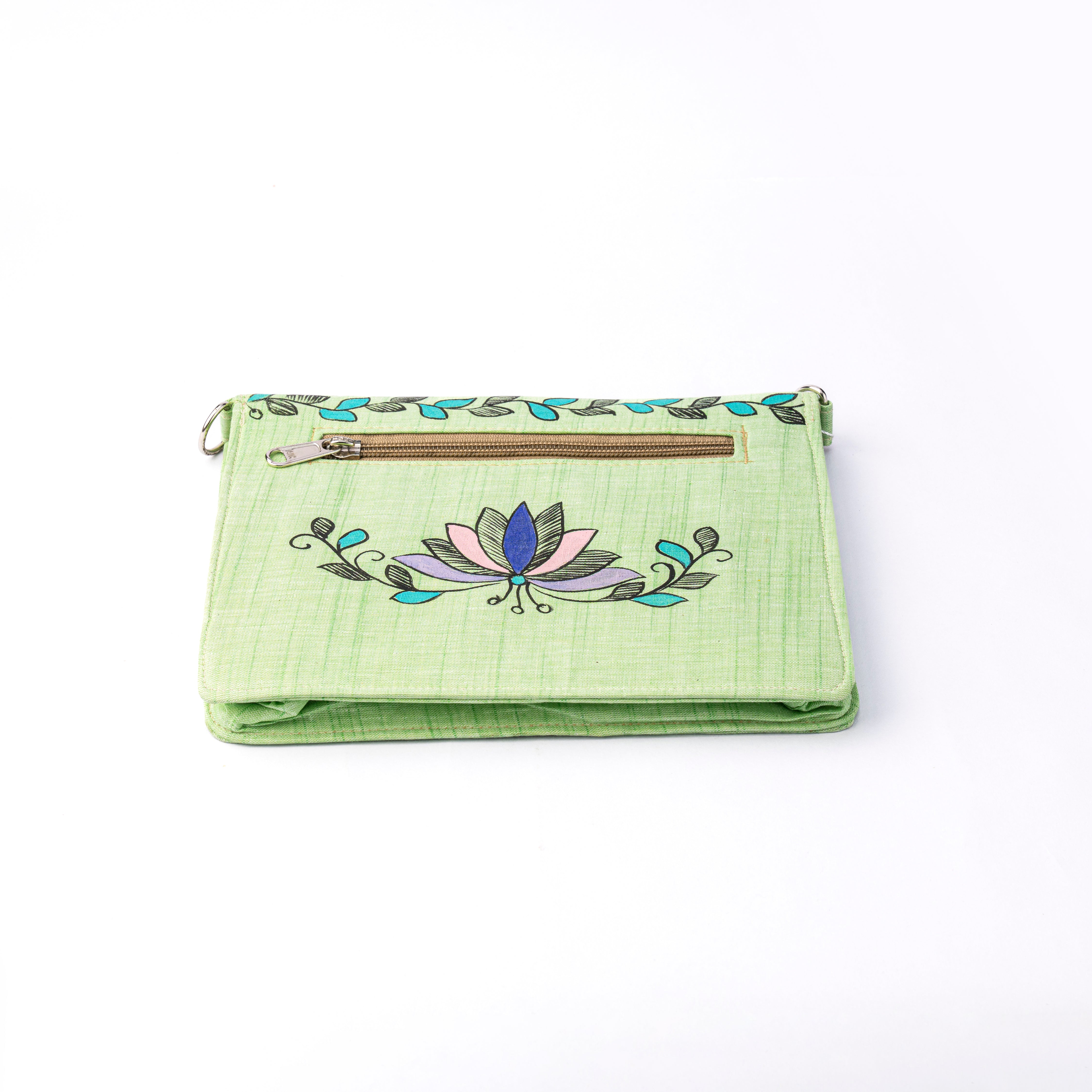Lady face madhubani V Flap sling (Light green)