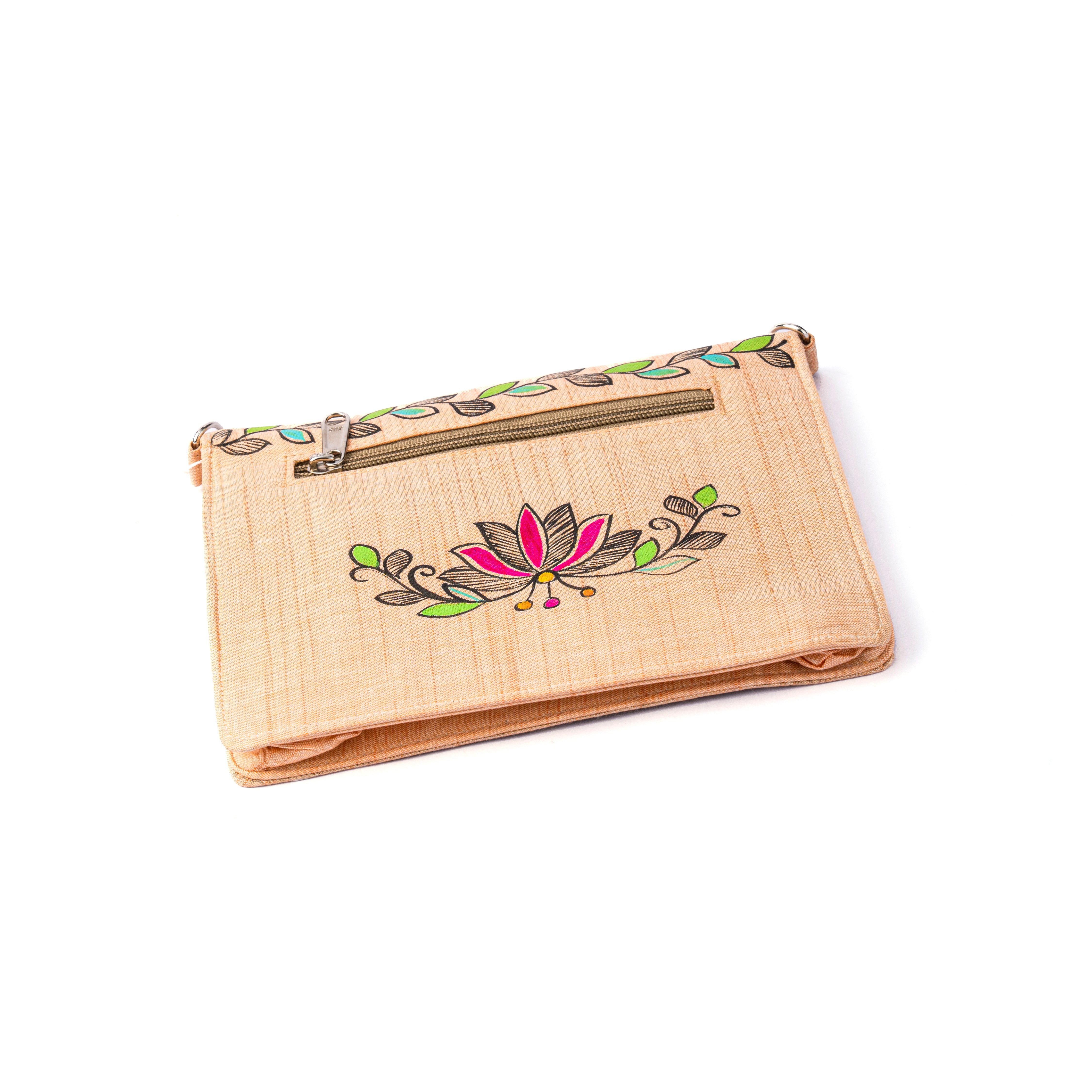 Lady face madhubani V Flap sling (Peach 1)