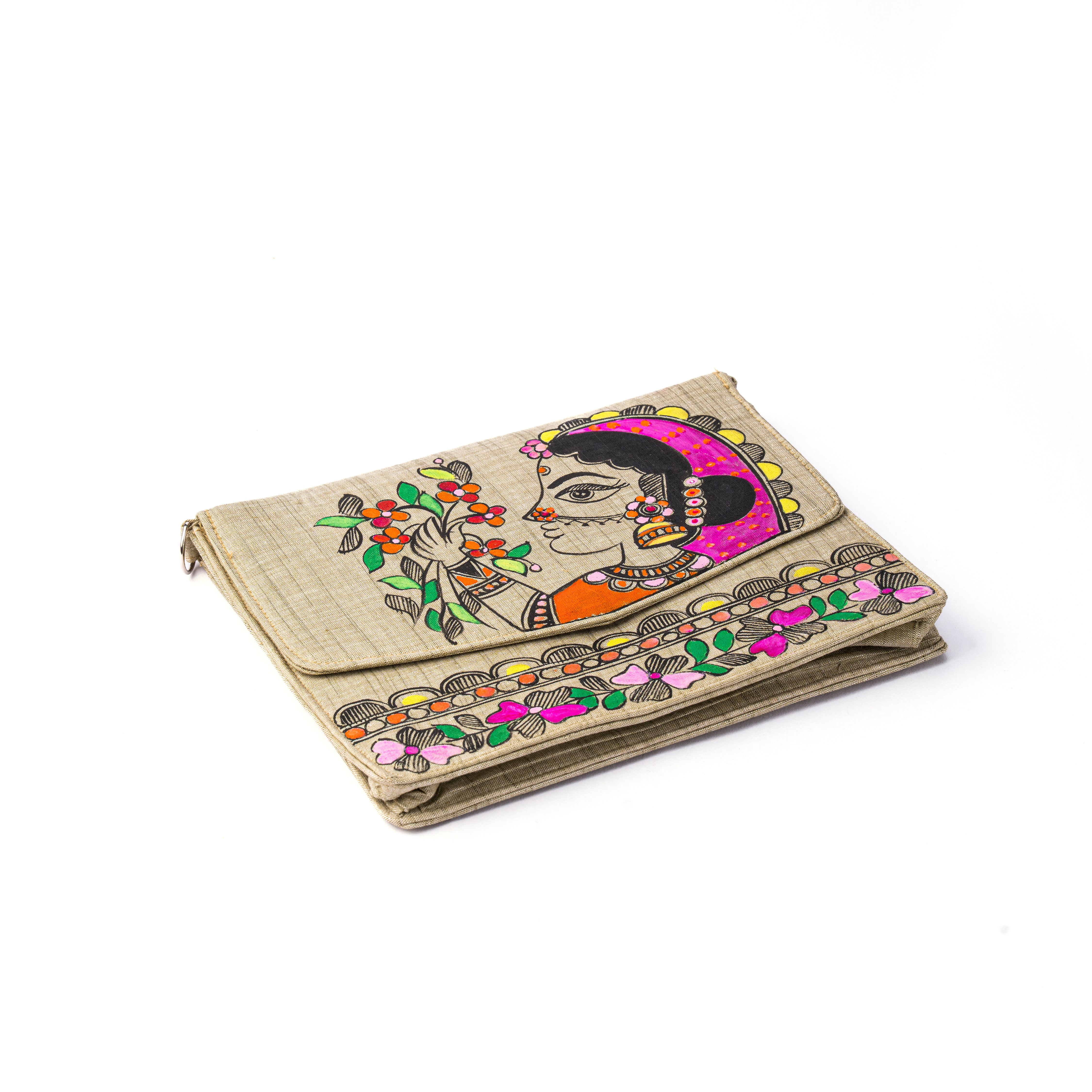 Lady face madhubani V Flap sling (Off white 1)