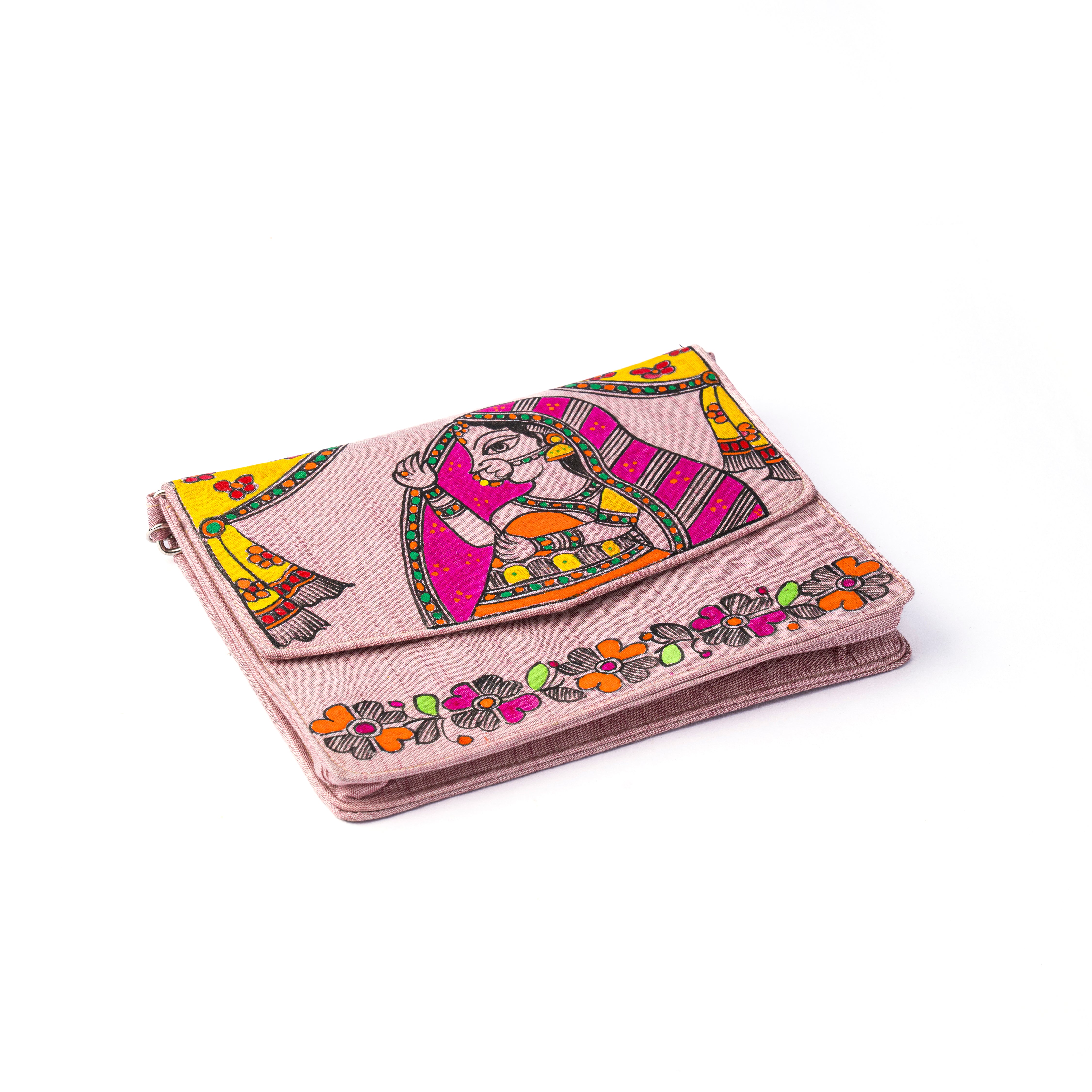 Lady face madhubani V Flap sling (Pink 1)
