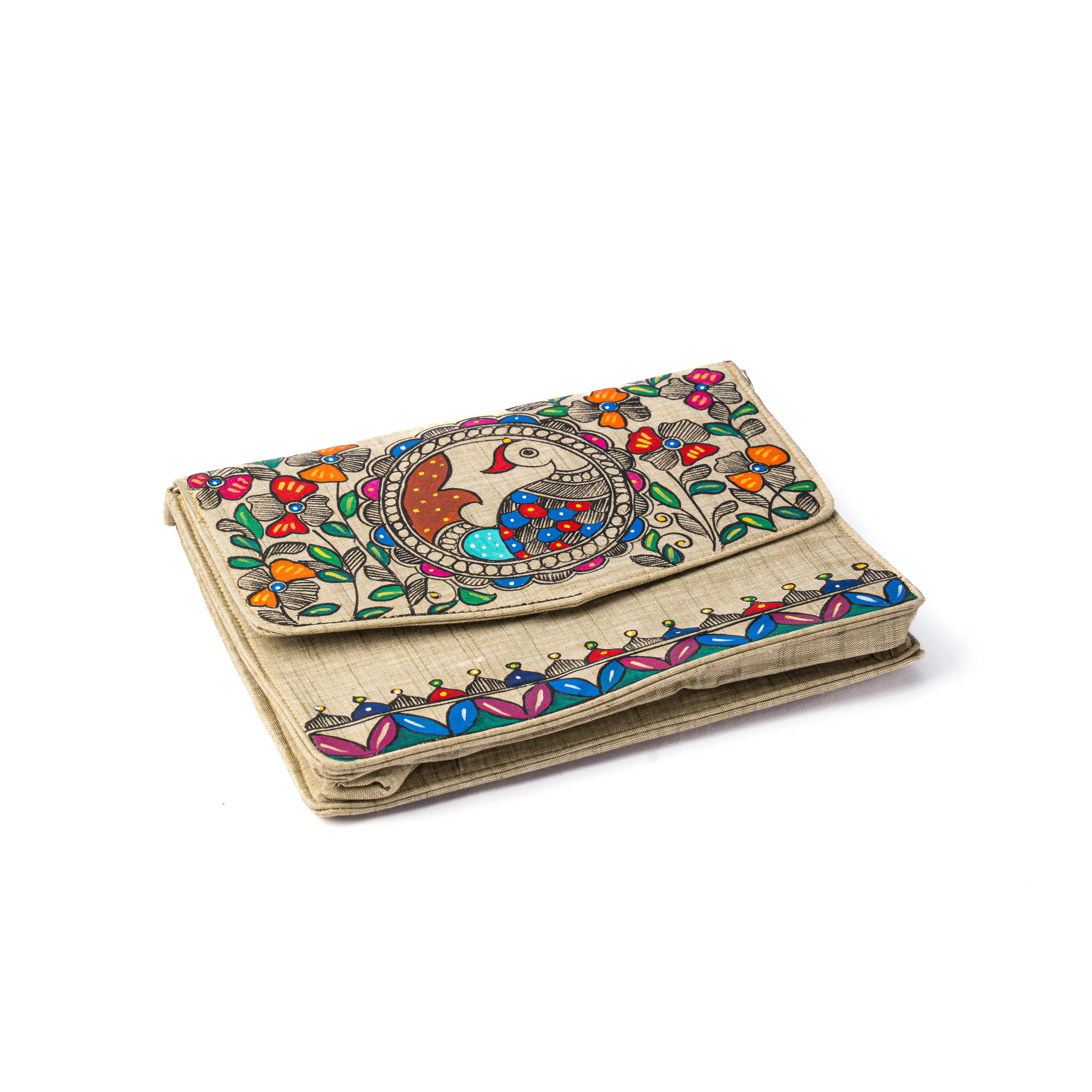 Floral Themed Madhubani V flap Sling (Grey)