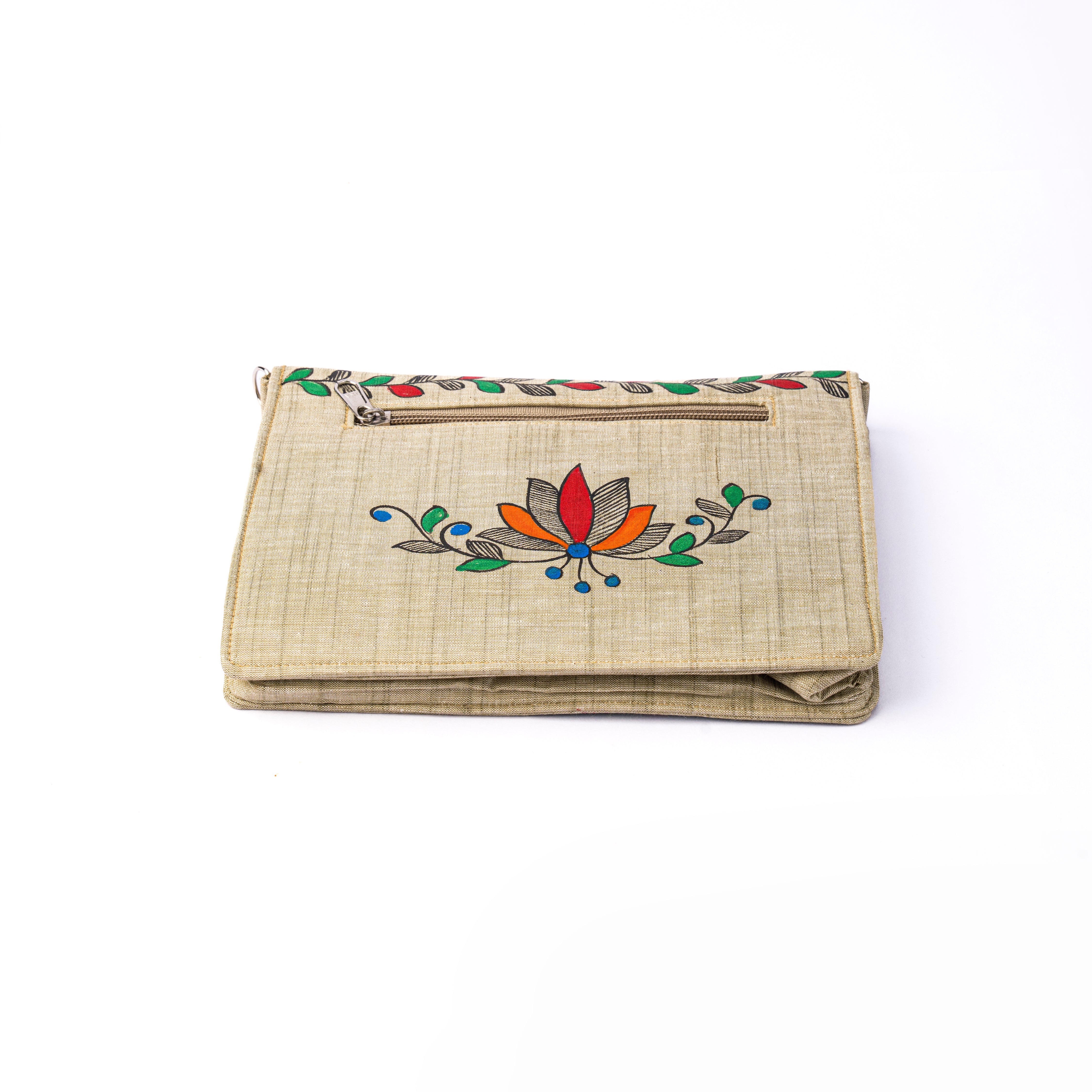 Floral Themed Madhubani V flap Sling (Grey)