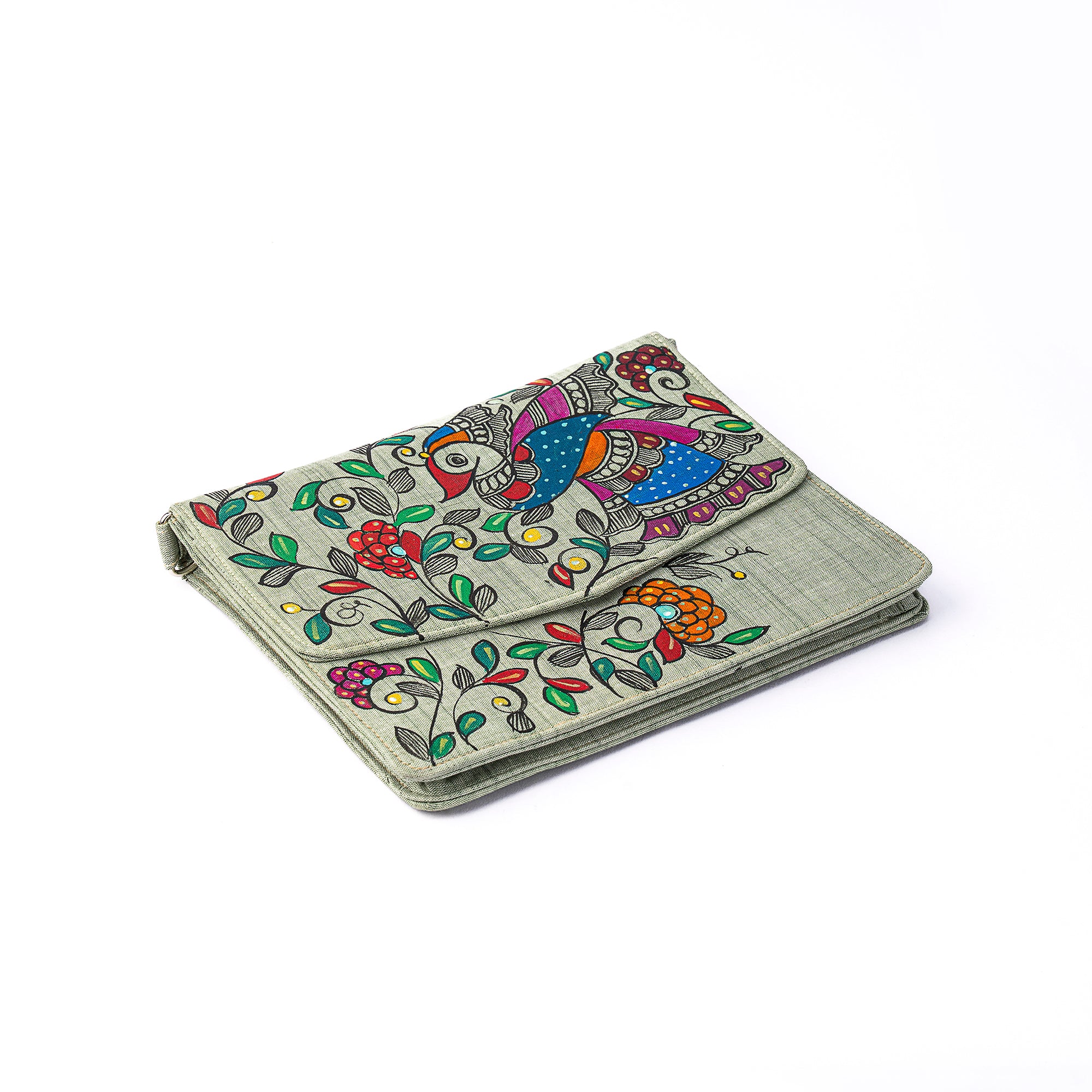 Floral Themed Madhubani V flap Sling (Greenish)