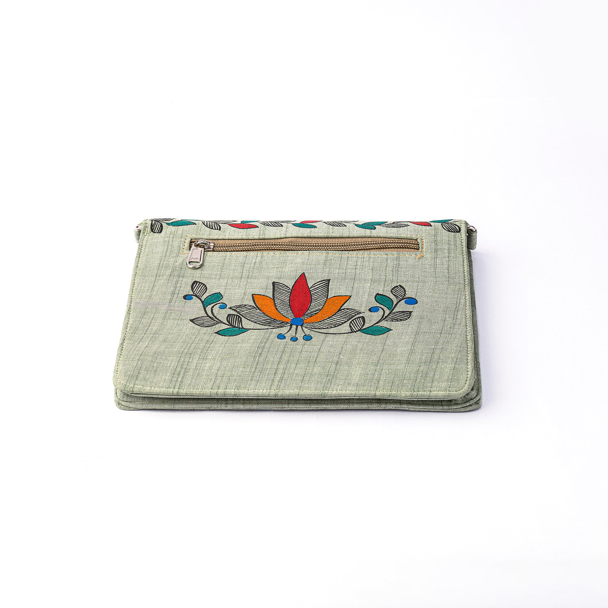 Floral Themed Madhubani V flap Sling (Greyish green)