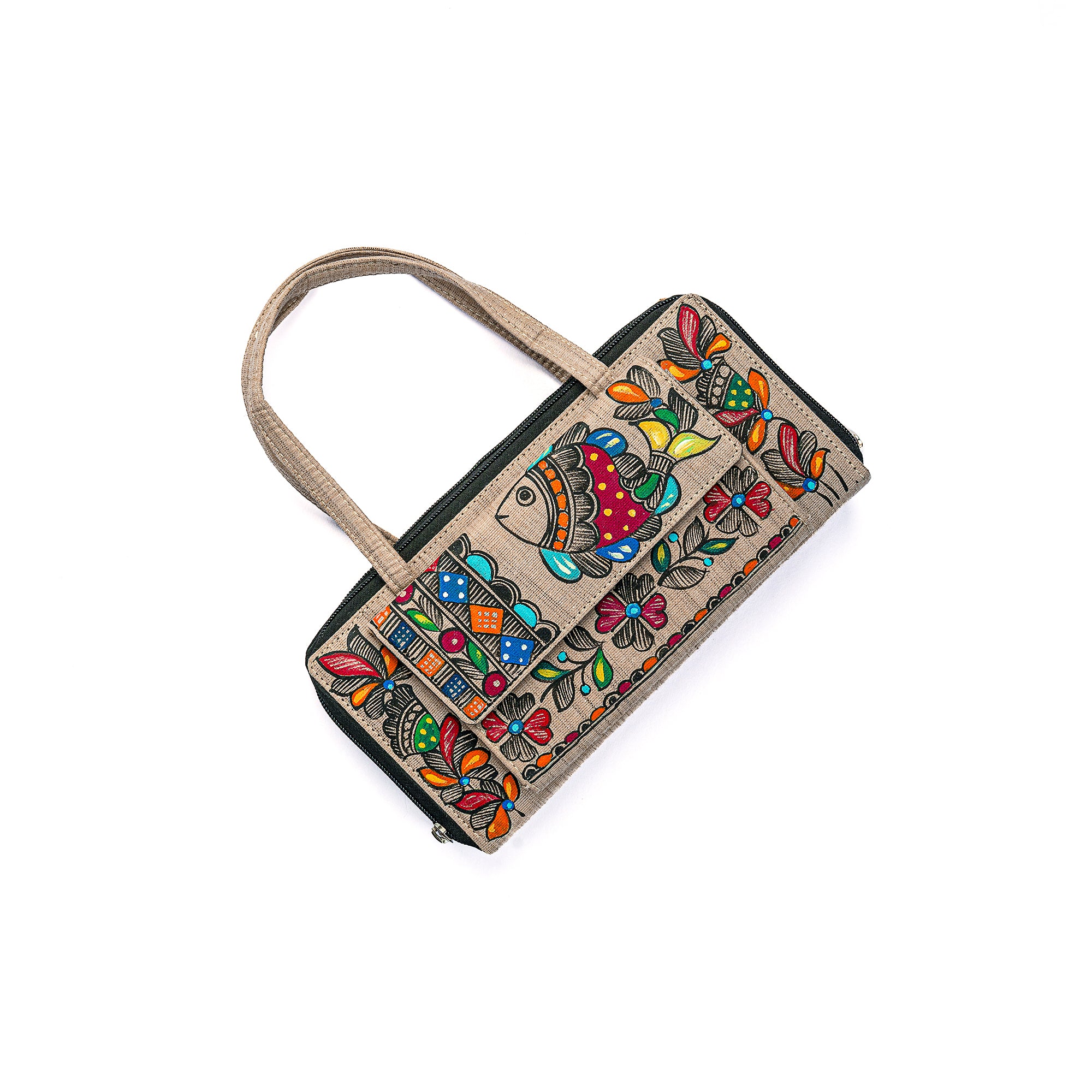 Madhubani mobile clutch (Khaki)