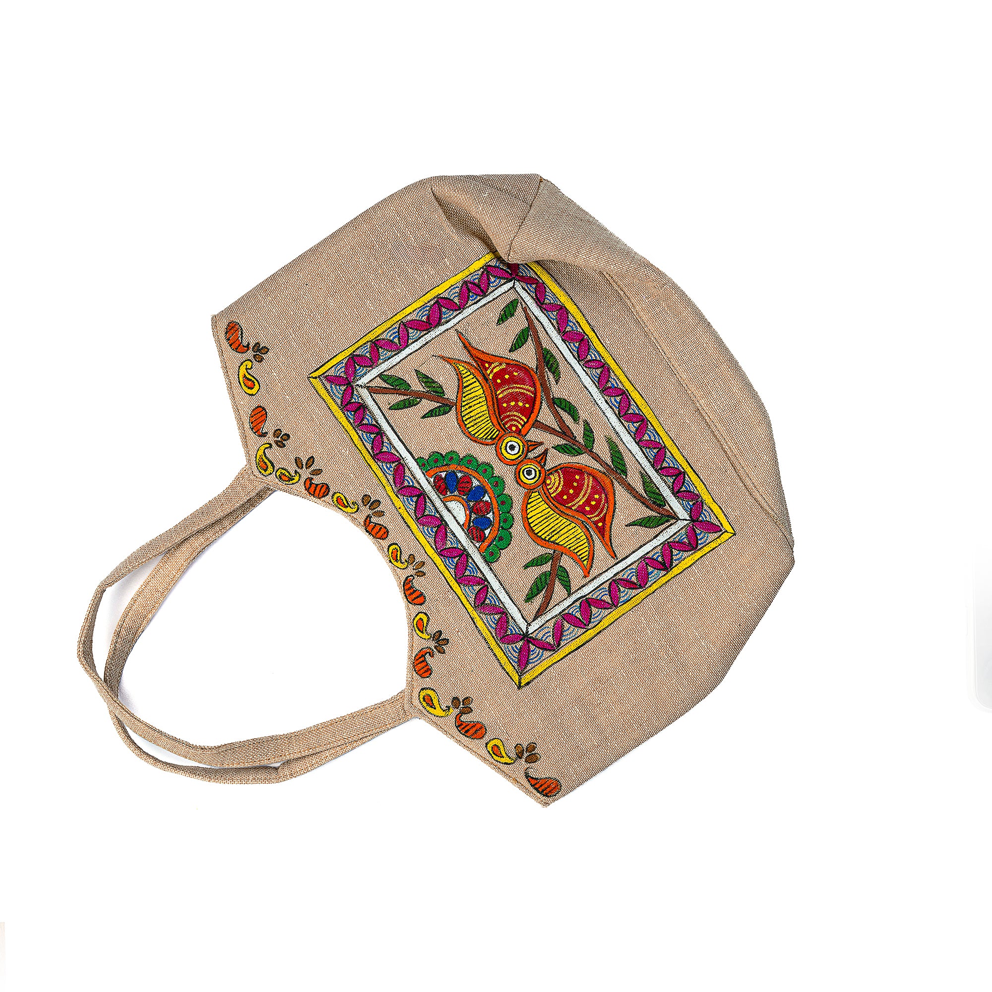 Madhubani full paint shoulder bag (Bird and fish)