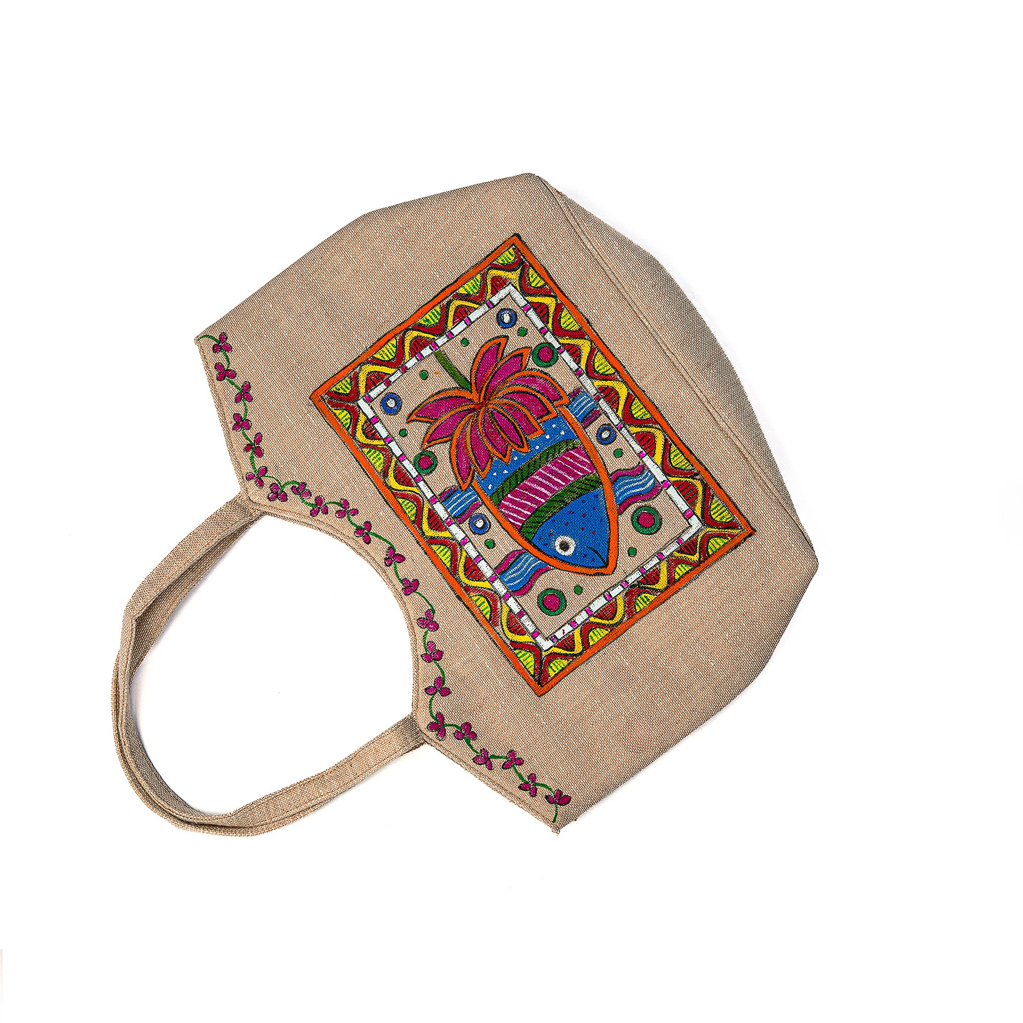 Madhubani full paint shoulder bag (Bird and fish)