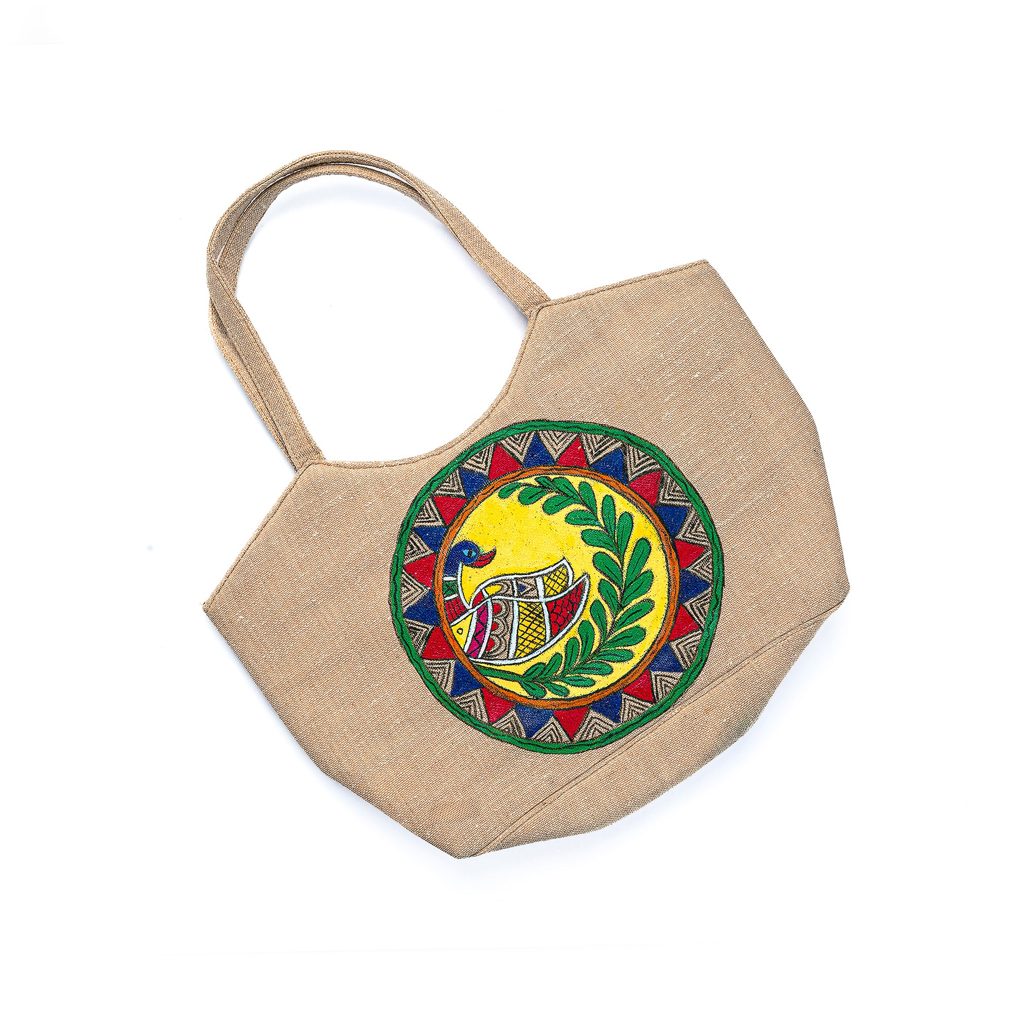 Madhubani full paint shoulder bag (Peacock and krishna)