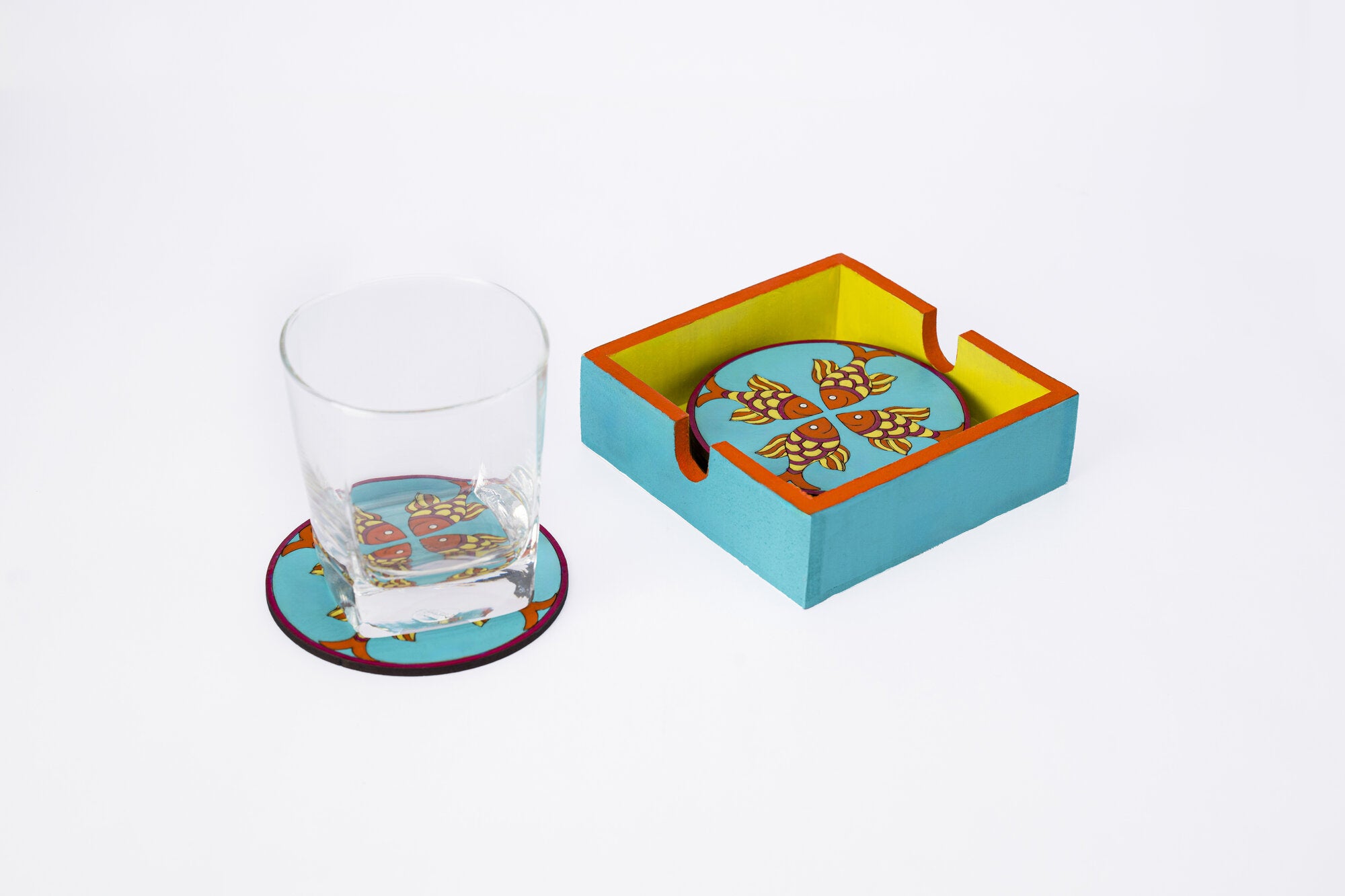 Quad Fish School coaster set of 6 (Blue base)