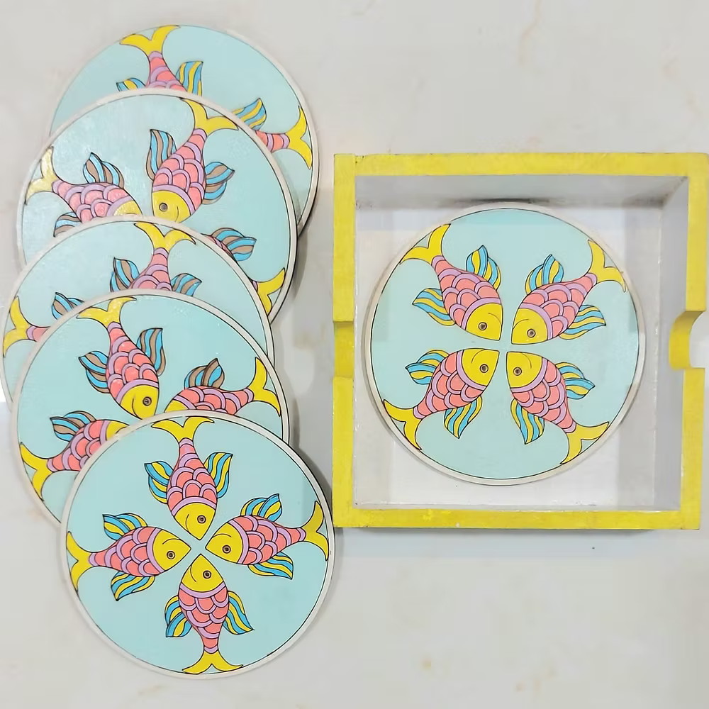 Quad Fish School coaster set of 6 (Aqua blue base)