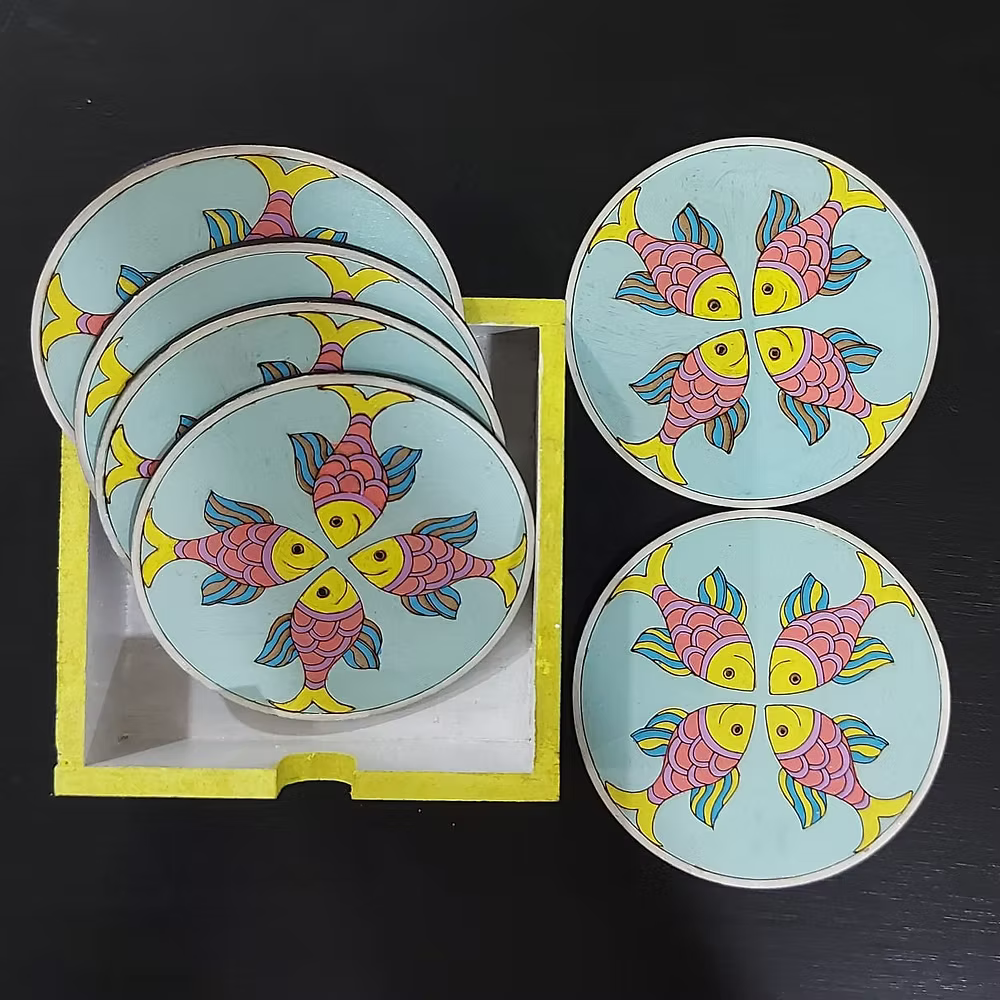 Quad Fish School coaster set of 6 (Aqua blue base)